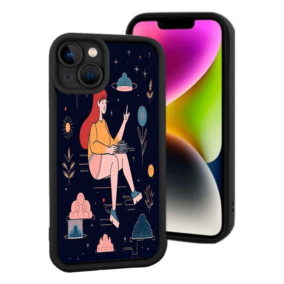 Whimsical iPhone 15 Case - Celestial Cloud Design with Red - Haired Character Stars & Planets Lightweight & Yellowing Resistant