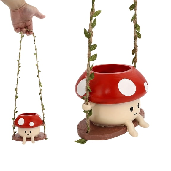 Whimsical mushroom face hanging flowerpot - red and white resin swing vase with drainage holes, perfect for indoor/outdoor garden decoration, mushroom decoration