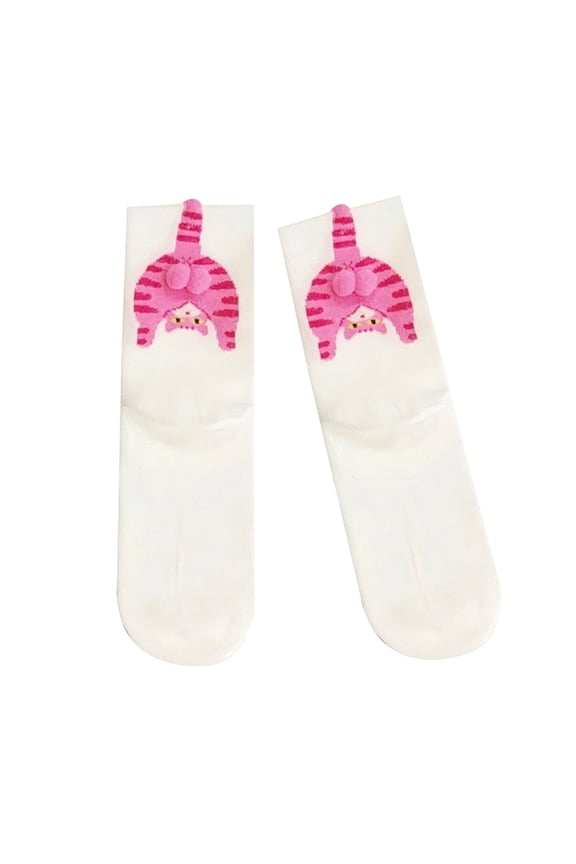 Whimsically Cats Motifs Middle Tube Crew Socks with 3D Fuzzy Balls for Women