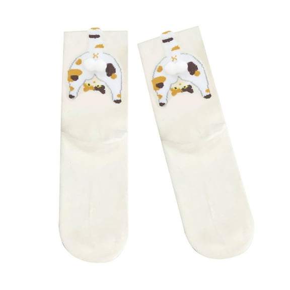Whimsically Cats Motifs Middle Tube Crew Socks with 3D Fuzzy Balls for Women