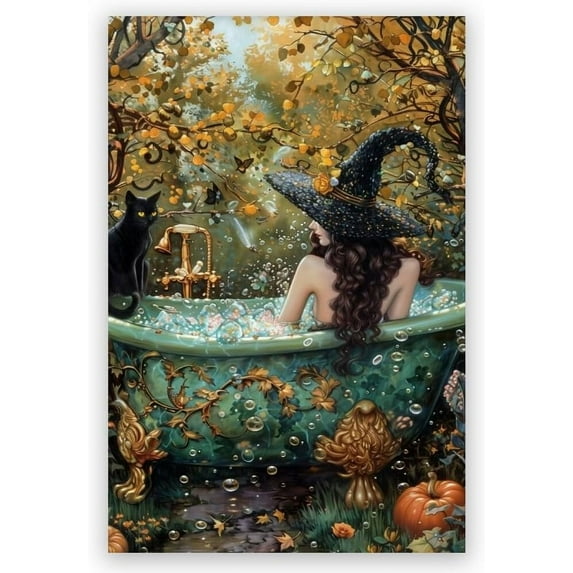 Whimsigoth Bathroom Decor Witchy Bubblebath Halloween Art Black Cat Print Dark Academia Halloween Poster Vintage Witchy Home Decor For Living Room 8x12inch Unframed