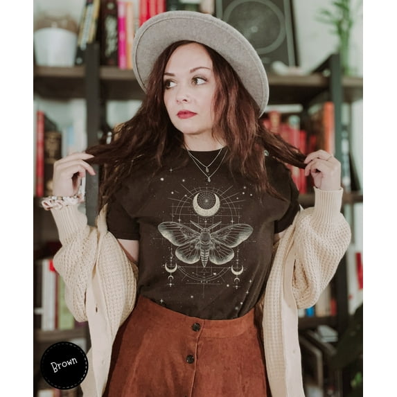 Whimsigoth Moth Shirt, Celestial Boho TShirt, Geometrical Moth Tee, Goth T-Shirt, Whimsical Gift for Her, Moon Phase Tee, Dark Academia