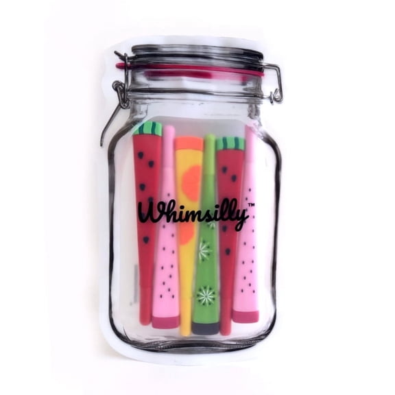 Whimsilly Set of 6 Fruit Shaped Pens in Mason Jar Pouch, Fine Tip Ink Gel Pen Set, Whimsical Stationary for Gifts, Office