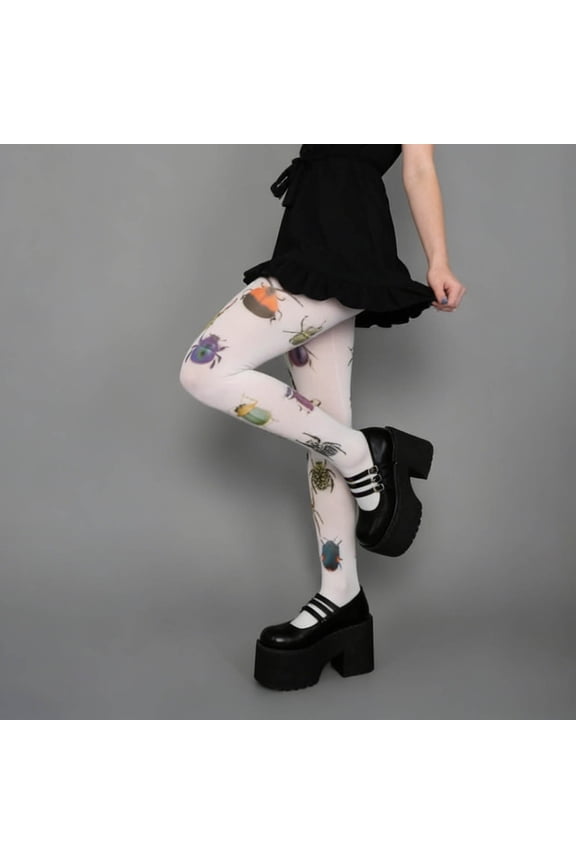 Whimsy Funky Patterned Tights for Women Cute Bug Print Tights (White One Size)
