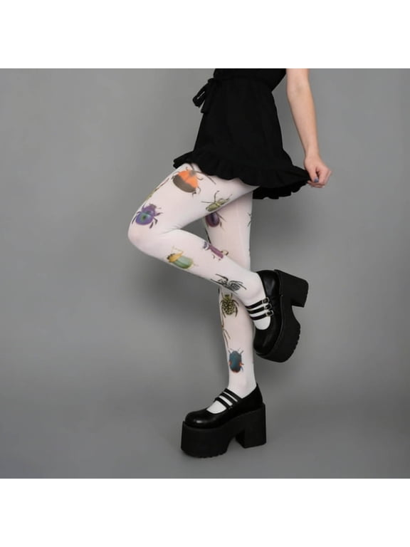 Whimsy Funky Patterned Tights for Women Cute Bug Print Tights (White One Size)