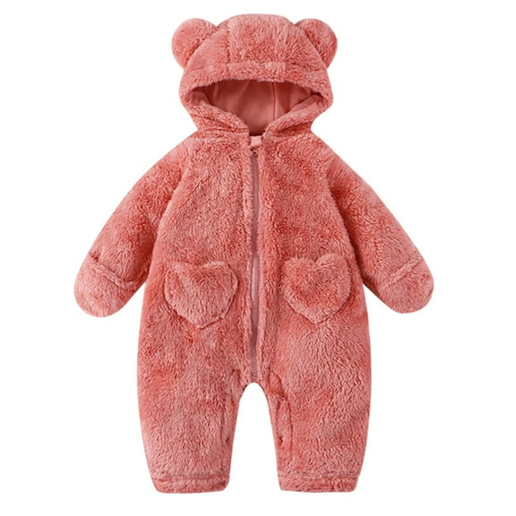 WhimsyBaby Baby Fall/Winter Plush Hooded Bear-Print Onesie Set Boys' and Girls' Winter Snow Suit,56,Pink