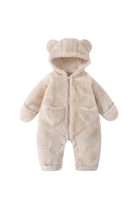 Baby Fall/Winter Plush Hooded Bear-Print Onesie Set Boys' and Girls' Winter Snow Suit,73,Beige