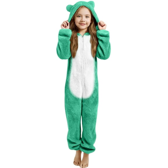 WhimsyBaby Bear Ear Plush Lined Thickened One-Piece Pyjama Set Hooded Pyjama Set One-Piece Pyjamas Ages 3-12,110,Green