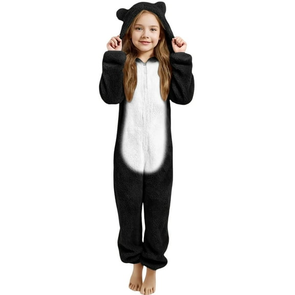 WhimsyBaby Bear Ear Plush Lined Thickened One-Piece Pyjama Set + Hooded Pyjama Set One-Piece Pyjamas Ages 3-12,150,Black