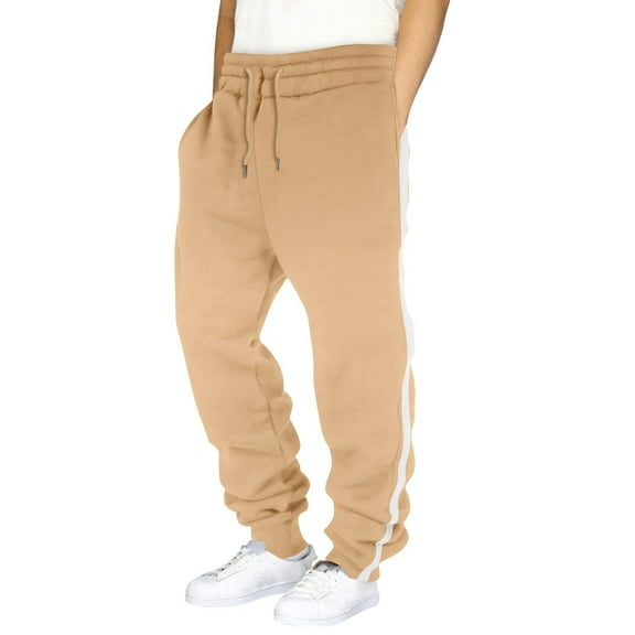 WhimsyBaby Boys' Solid-Color Striped Cuffed Sweatpants Fleece-Lined Athletic Casual Pants Slim-Fit Fitness Running Pants With Pockets and Drawstring,170,Khaki