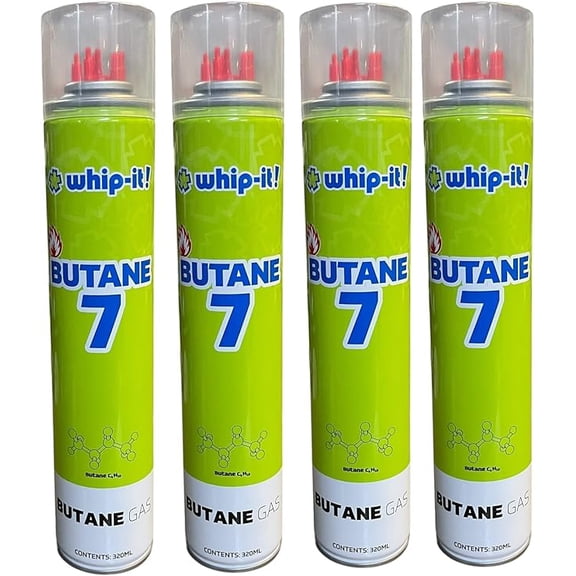 Whip-It! Purified Butane 7X Torch Lighter Refill with 5 Universal Plastic Tips 320ml Each 4 Cans