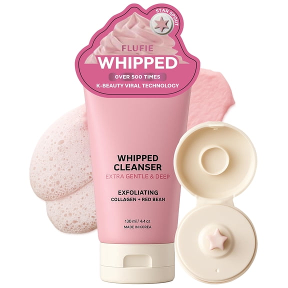 Flufie Whipped Facial Cleanser with Collagen & Red Bean Gentle Exfoliating, Hydrating & Brightening for Smooth Skin Dermatologist Tested, Anti-Aging, Korean Skin Care Clean Beauty 4.4 Oz