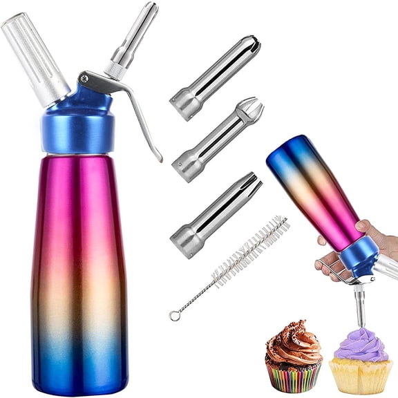 Whipped Cream Dispenser, Professional Grade Whipped Cream Maker Canister Gourmet Whip - Large 500ml / 1 Pint Capacity Canister - Includes 3 Culinary Decorating Nozzles