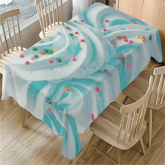 Whipped Cream Swirl Tablecloth 55x77.1 inches with Colorful Sprinkles - Blue and White Design for Parties, Birthdays, and Home Decor