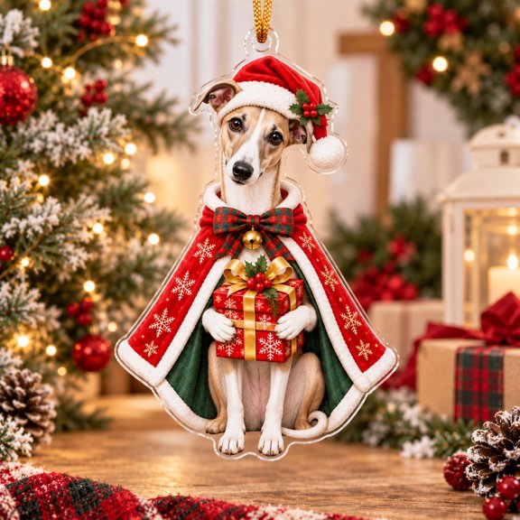 Whippet Christmas Tree Ornament, Santa Dog Acrylic Hanging Gift for Pet Lovers