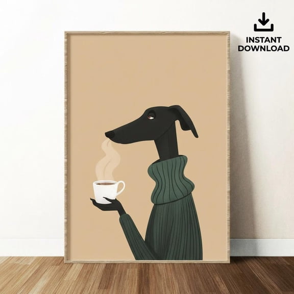 Whippet Coffee Art Print | Greyhound in Sweater | Coffee Lover Art, Stretched Canvas 16x20in