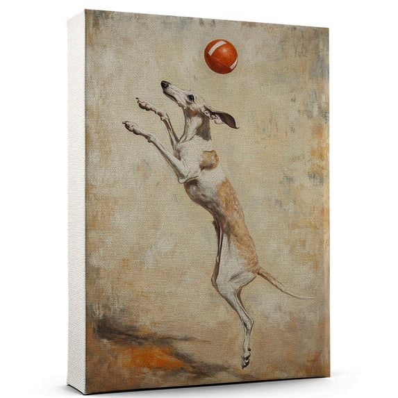 Whippet Cute Dog Volleyball Poster Canvas – Retro Whippet Dog Batter in Action With Volleyball for Themed Living Room
