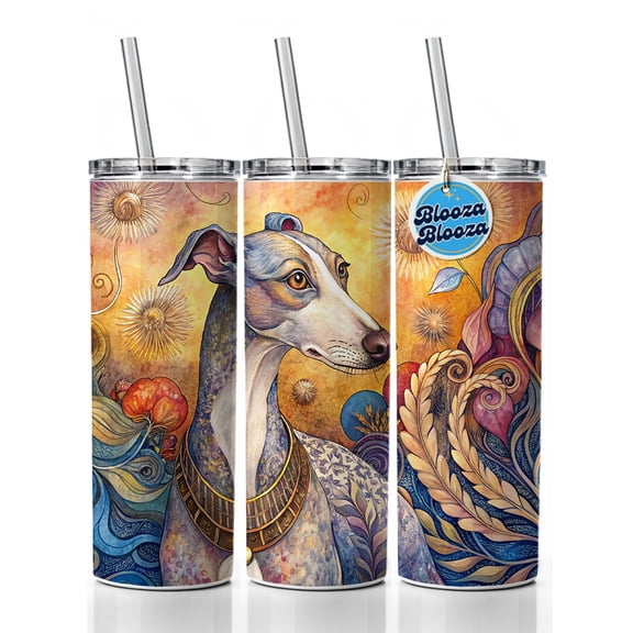 Whippet Dog French Bohemian Art 20oz Insulated Water Bottle Skinny Tumbler Includes Straw