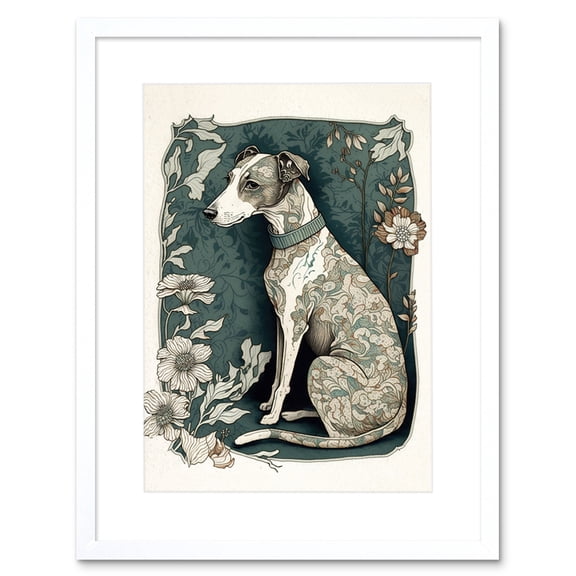 Whippet Dog with Floral Pattern Fur Coat Art Nouveau Inspired Watercolour Illustration Artwork Framed Wall Art Print 9X7 Inch