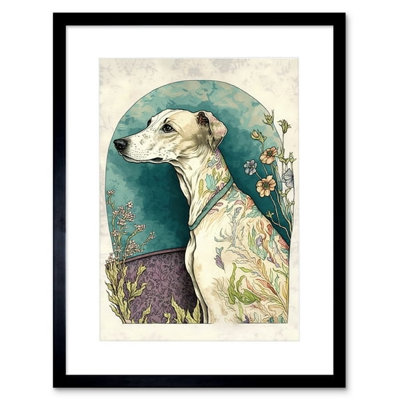 Whippet Dog with Flowers Modern Multicoloured Watercolour Illustration Artwork Framed Wall Art Print 9X7 Inch