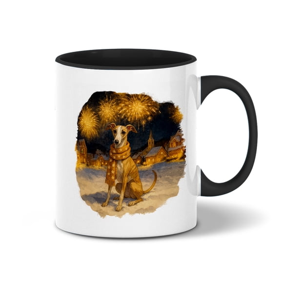 Whippet Happy New Year 2026 with Fireworks on New Year's Eve 11oz Accent Two-tone Mug Dog Lover Coffee Tea Cup - 12022