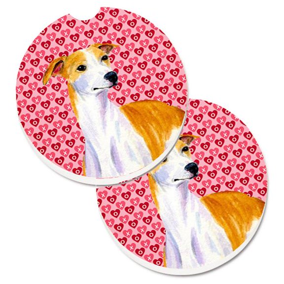 Whippet Hearts Love & Valentines Day Portrait Set of 2 Cup Holder Car Coaster
