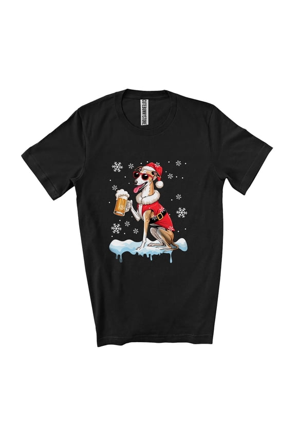 Whippet Santa Sunglasses Drinking Beer; Joyful Christmas Drunker X-mas Family Group Unisex T-Shirt