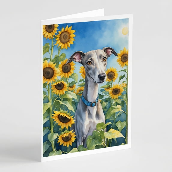 Whippet in Sunflowers Greeting Cards Pack of 8 7 in x 5 in