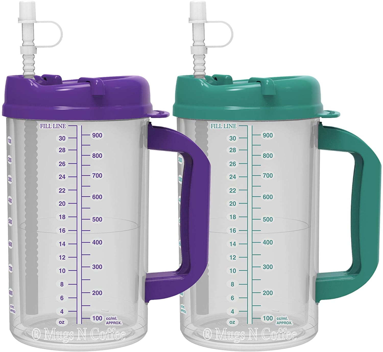 Whirley Insulated Travel Mugs 32 oz - Teal & Purple Double Walled Hospital Mugs - 2 Pack with Teal Lids