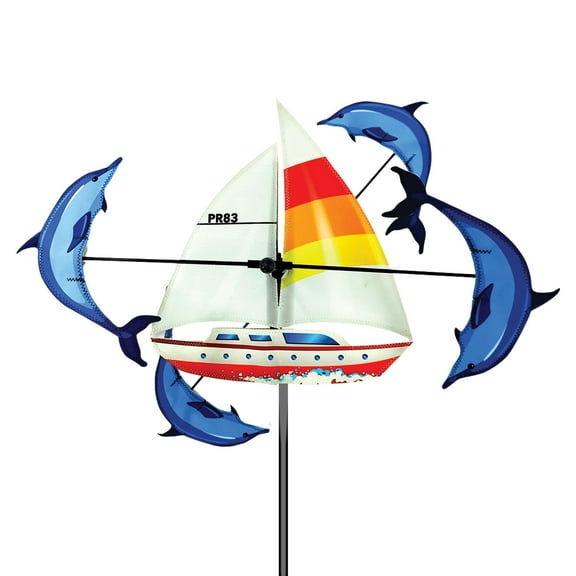 Whirligig Spinner Sailboat 13" Nautical-Themed Design, Weather-Resistant Outdoor Decor, Durable & Lightweight for Patios, Yards, and Gardens - Eye-Catching Wind Spinner