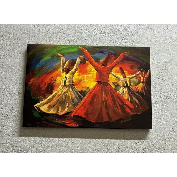 Whirling Dervish Oil Painting Print, Printed Canvas Canvas, Canvas, Canvas Printed Canvas, Muslim Housewarming Canvas Gift, Islamic Printed Canvas, Canvas Wall Decor - 3P-White Framed