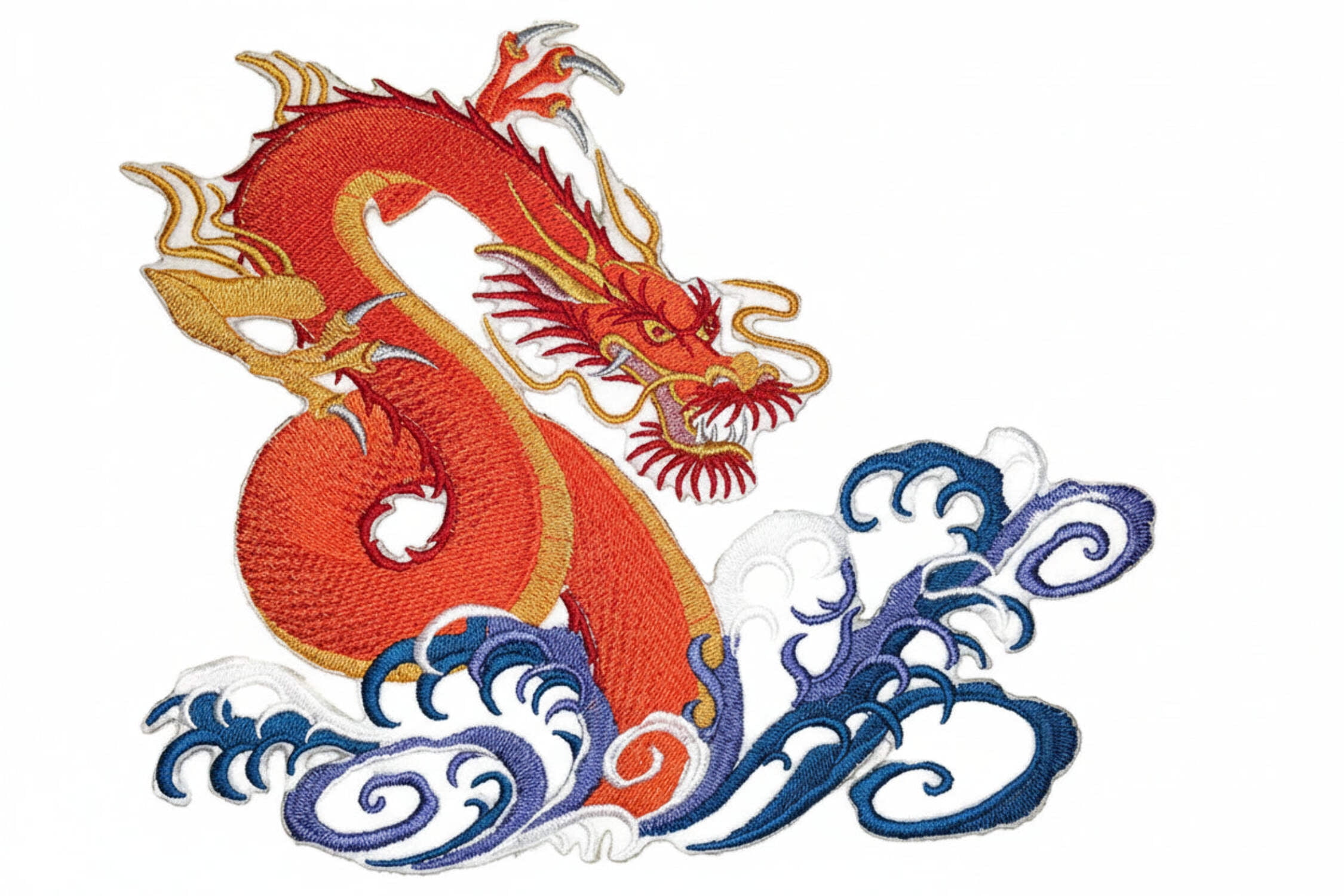 Whirling Waves - Dragon Embroidery Iron On/Sew Patch [6.9" X 8.2"]