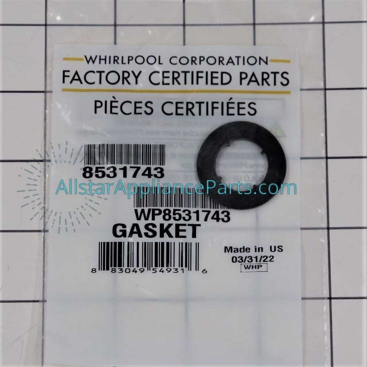 Genuine Whirlpool WP8531743 Overfill Control Gasket