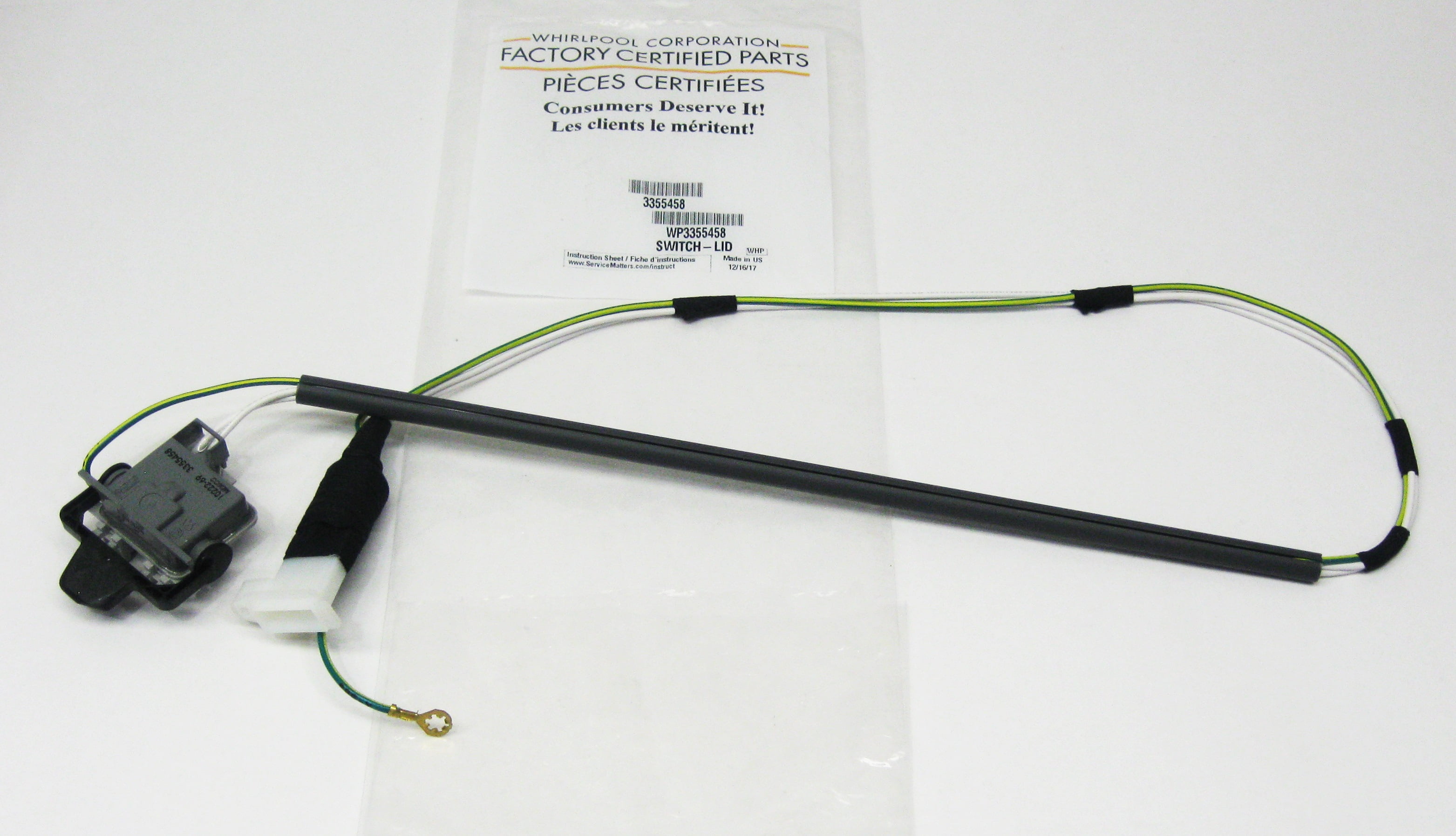 Whirlpool WP3355458 Genuine OEM Lid Switch Assembly
Fits: 3355458