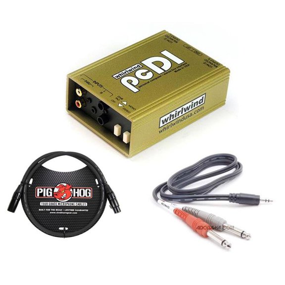 Whirlwind pcDI Stereo Direct Box with RCA and 1/8in Mini Unbalanced Inputs for PC Cards and Phono Preamp Level Conversion - With 3' 8mm XLR Mic Cable, 10ft Stereo 3.5mm Male Two Phone Plugs Y-Cable