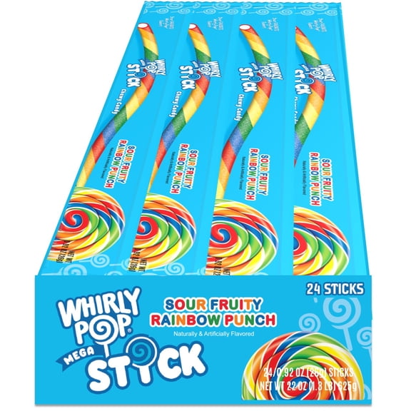 Whirly Pop Mega Stick Sour Fruity Rainbow Punch Chewy Candy, 0.92 Ounce - 24 Count Display Box