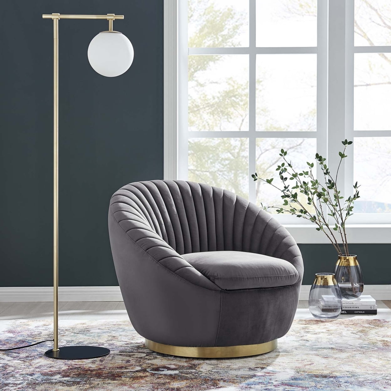 Gold Gray Velvet 32" Luxurious Swivel Accent Chair