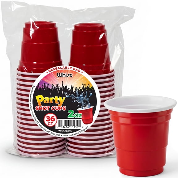 Whisc 2 oz Disposable Red Shot Glasses, 36 pack Plastic Shot Cups for Jello Shots, Parties & Events