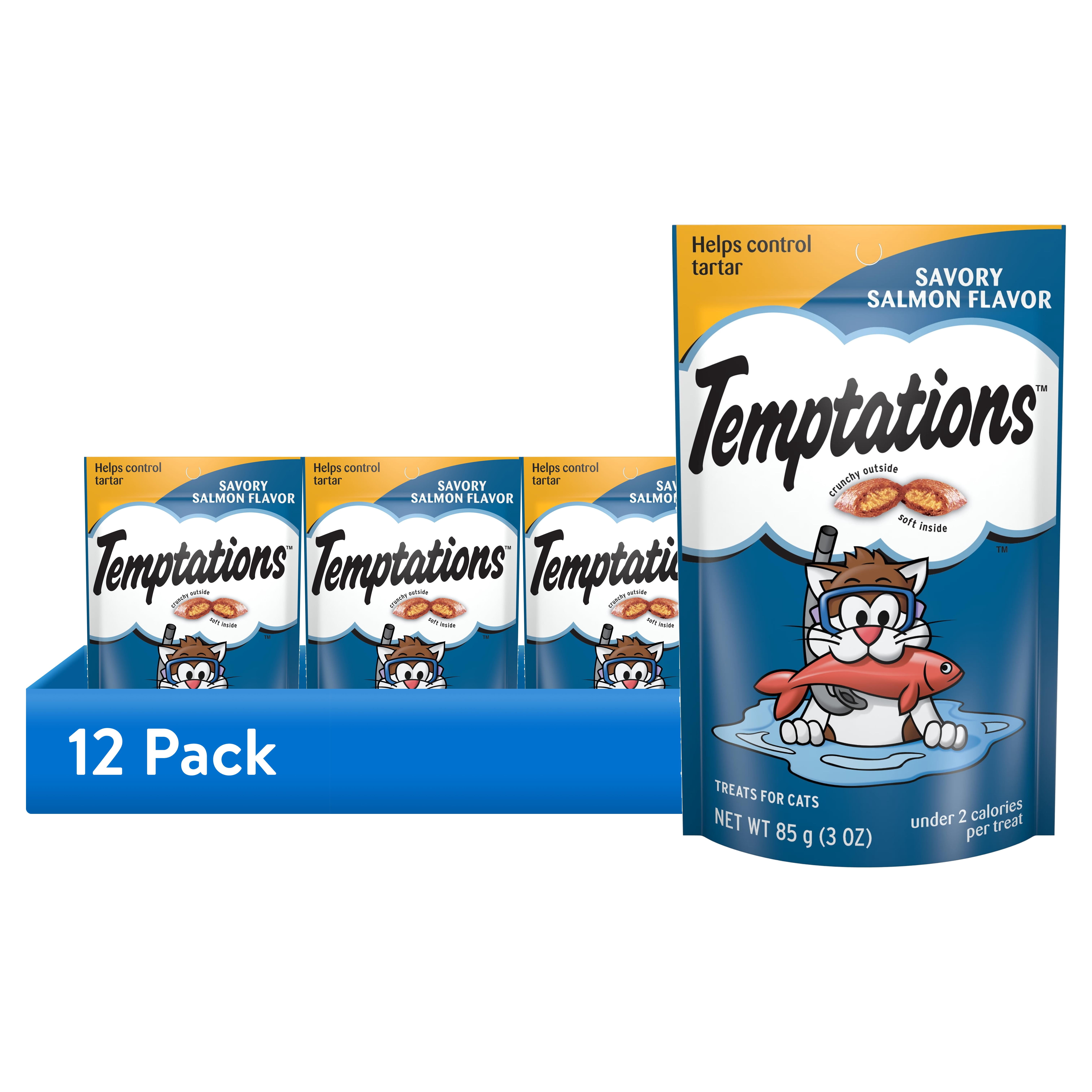 (12 pack) Temptations Savory Salmon Flavor Crunchy Dry Cat Treats, 3 oz Pouch