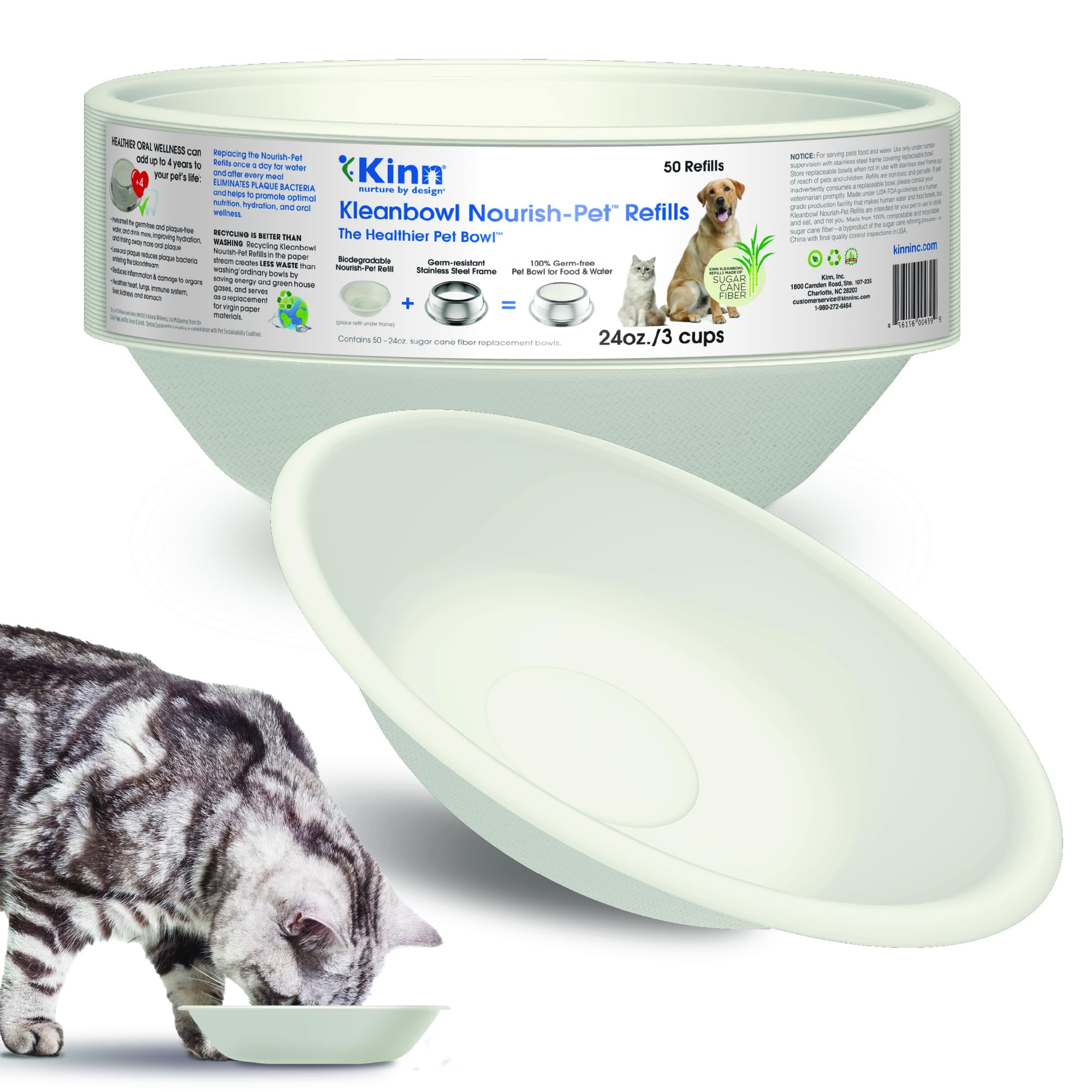 Kinn Whisker Fatigue Cat Bowl – Compostable 24oz Disposable Liners, 50 Refills, Stainless Frame, Anti-Whisker Stress Design