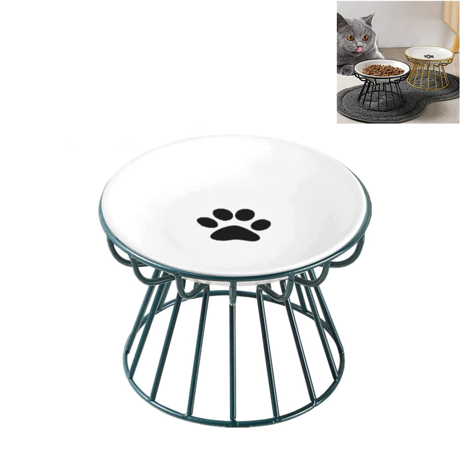 Whisker-Friendly Cat Plate, Elevated Bowl-Raised Bowl with Metal Stand, Food & Water Anti Vomiting Shallow Ceramic Dish for Cat and Small Dogs