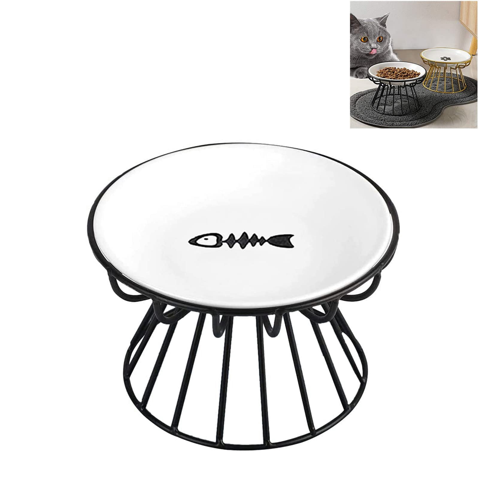 Whisker-Friendly Cat Plate, Elevated Bowl-Raised Bowl with Metal Stand, Food & Water Anti Vomiting Shallow Ceramic Dish for Cat and Small Dogs