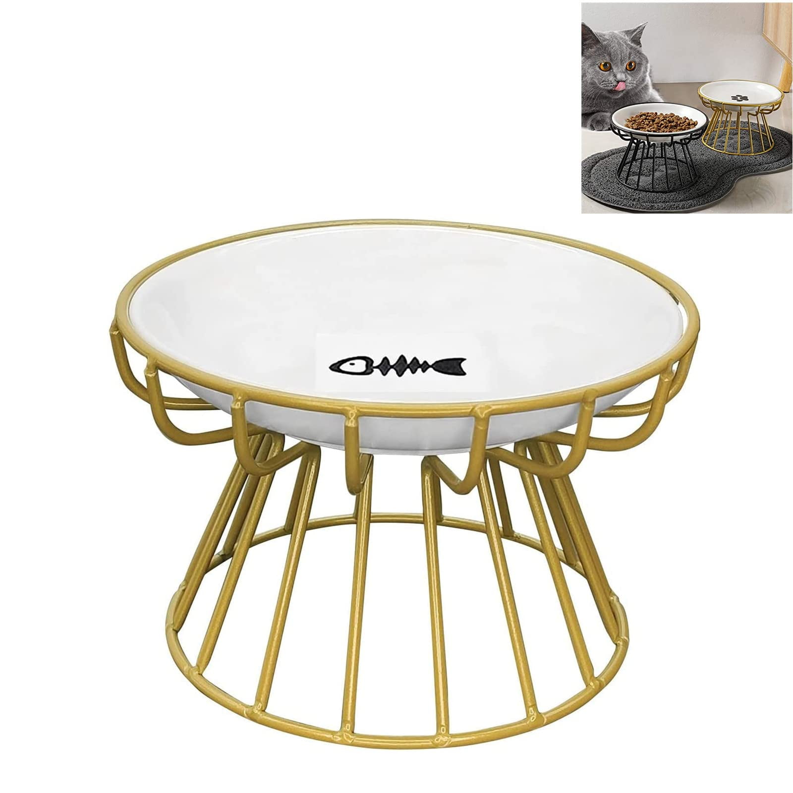 Whisker-Friendly Cat Plate, Elevated Bowl-Raised Bowl with Metal Stand, Food & Water Anti Vomiting Shallow Ceramic Dish for Cat and Small Dogs
