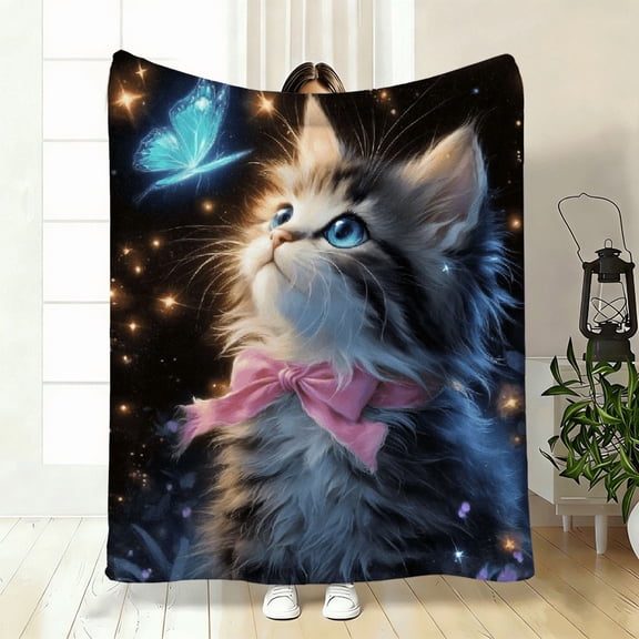 Whisker wonders pattern Soft Flannel Blanket with Glowing Cat And Butterfly Design, Night Light Feature, Cozy Throw for All Seasons, Suitable for Bed, Sofa, Camping.