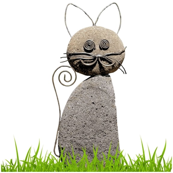 Happy Gardens Stone Cat Outdoor Statue (Hand Crafted from Natural River Rocks) Outside Sculpture Decoration for Pet Lovers, Remembrance, Memorial, Loss, & Sympathy