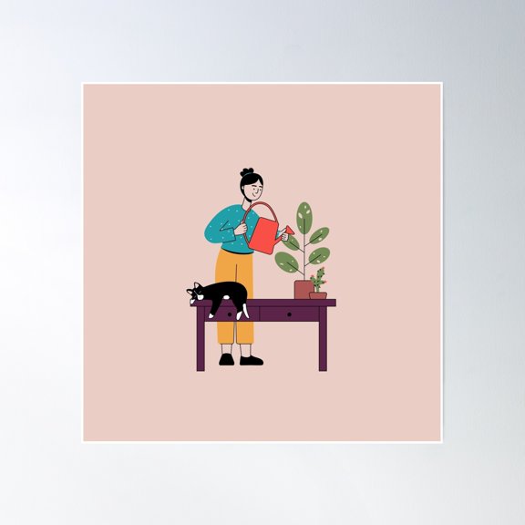 Whiskered Gardener - Plant Watering Cat Royalty-Free Stock Illustration Poster Wall Art, Modern Wall Decor, 16x16 UNFRAMED