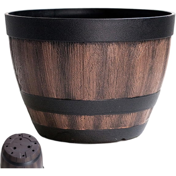 Whiskey Barrel Planter Outdoor Large, 9 Inch Brown Barrel Planter, Decorative Thick Plastic Resin Garden Pot for Patio, Lawn, Yard