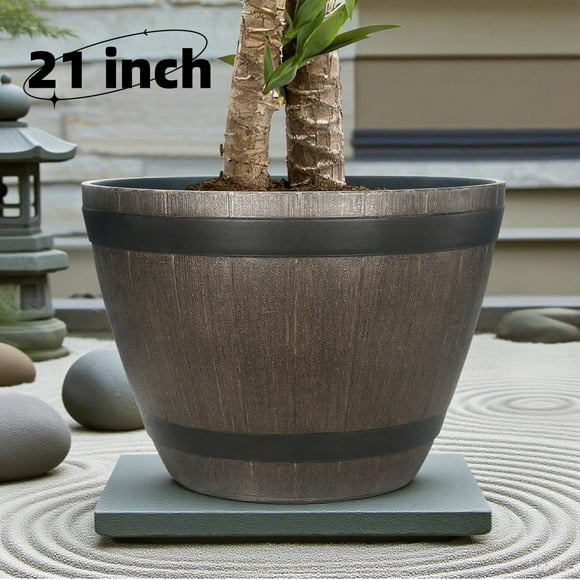 Gamexcel Whiskey Barrel Planter Pot Large - 20.5” x 14.5'' Weathered Oak Barrel Plastic Resin - Outdoor/Indoor Flower Pot