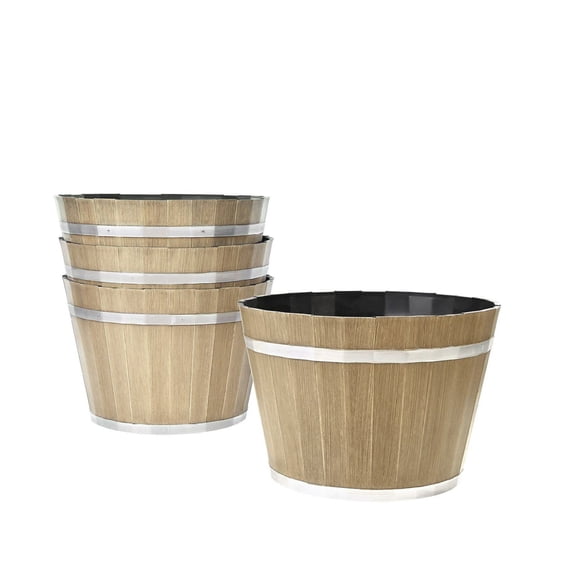 Whiskey Barrel Planters, 4 Pack 11.81 inch, Large Plastic Flower Pots with Drainage, Outdoor Indoor Garden Decor, Brown Imitation Wine Barrel