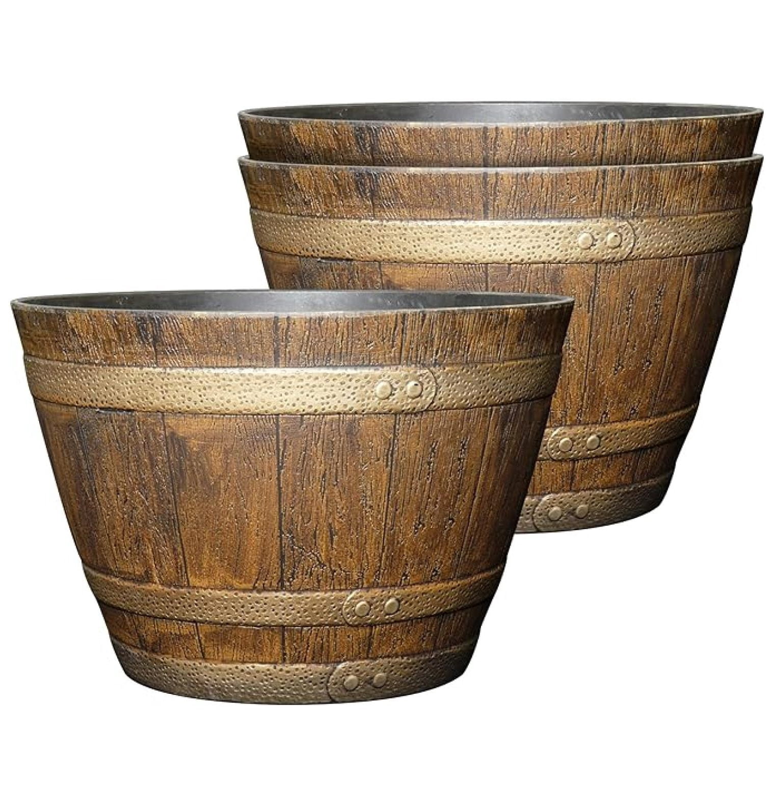 Whiskey Barrel Planters - Outdoor Resin Flower Pots, 15 Inch (3-Pack